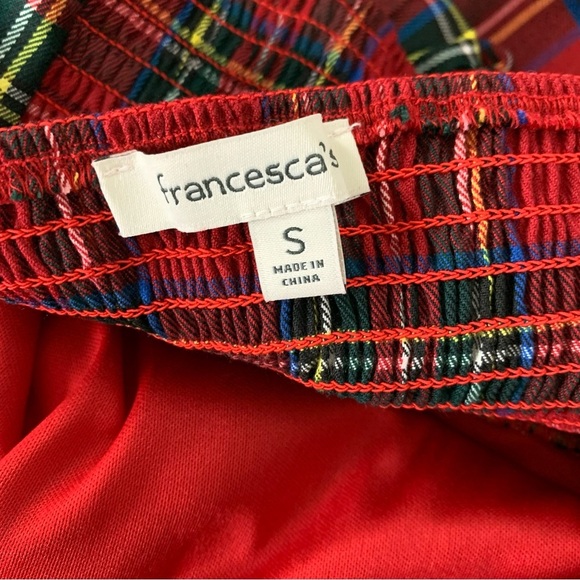 Francesca’s Plaid Peplum Smocked Puff Sleeve Top Sz S Red Holiday Short Sleeve - Picture 4 of 17